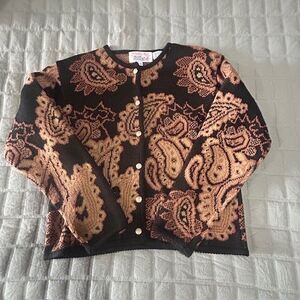 Tally Ho Womens Vtg Black Tan Print Button Up Cardigan Knit Sweater M Shoulder P
